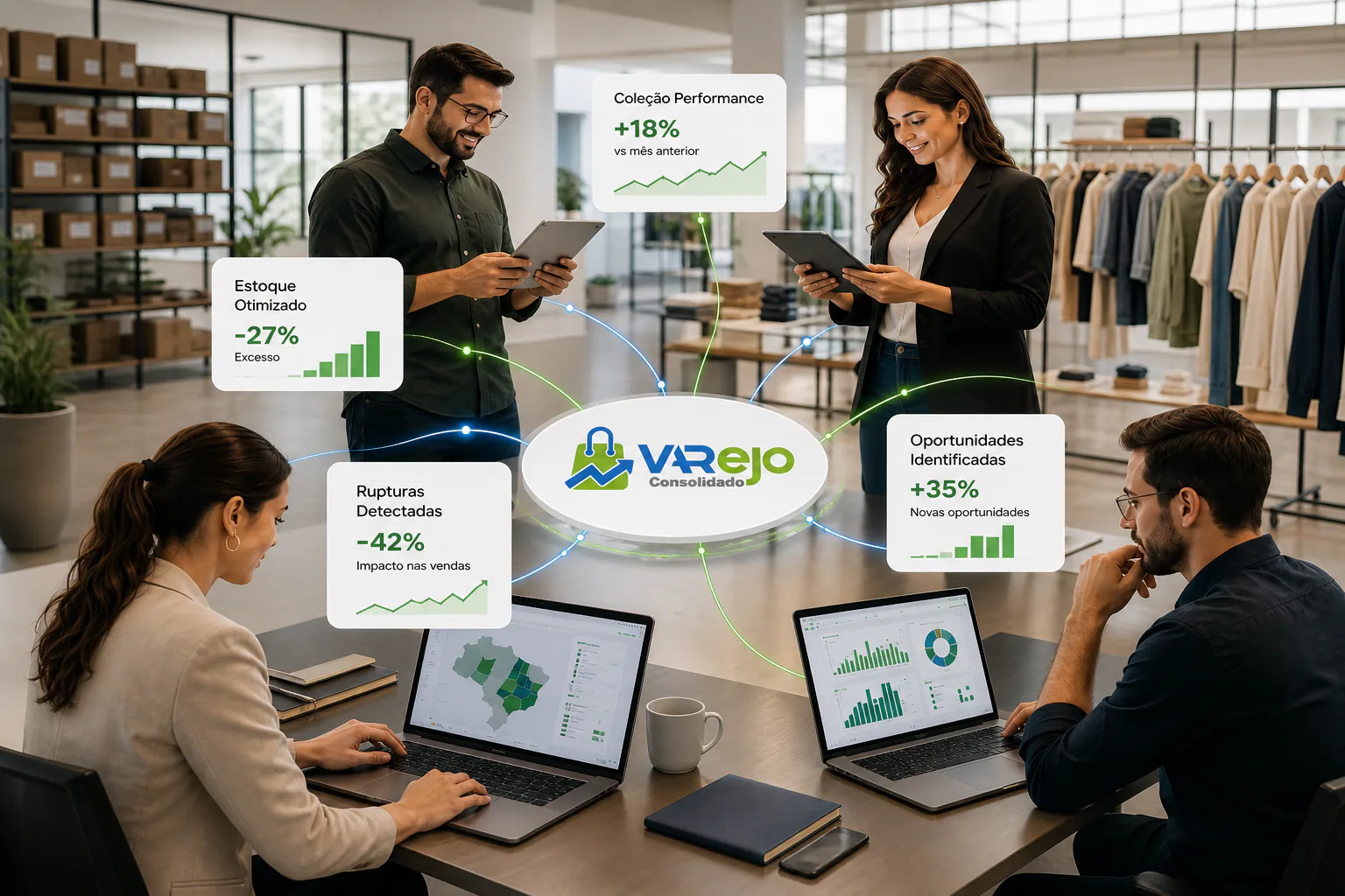 Profissionais do varejo de moda analisando dados de estoque, rupturas, desempenho e oportunidades conectados pela plataforma Varejo Consolidado