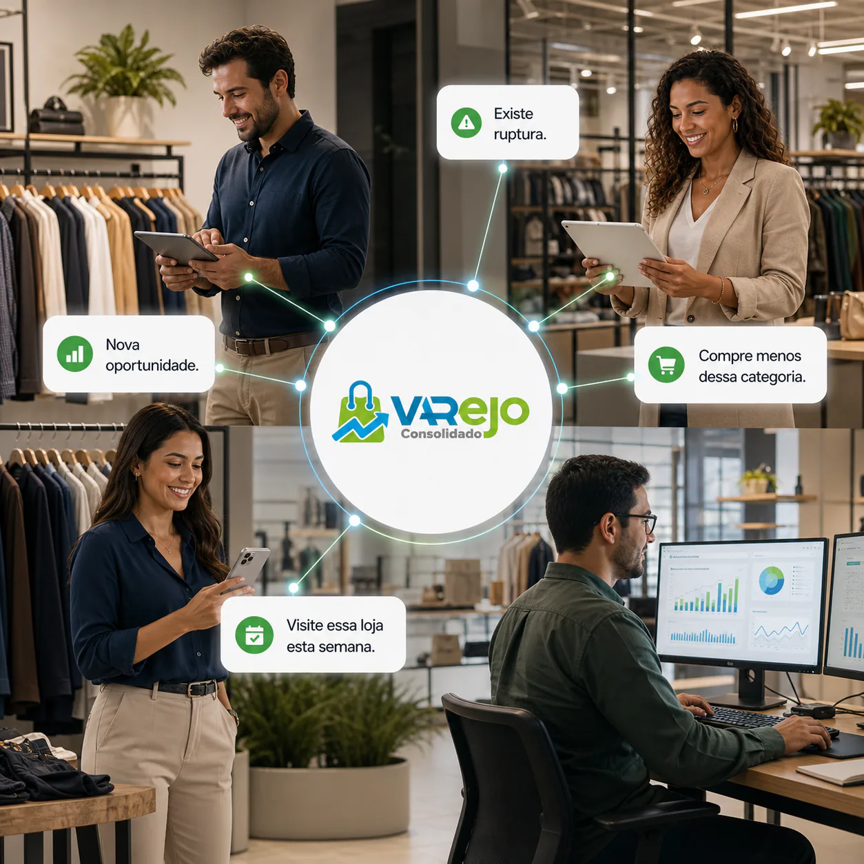Representantes, lojistas e profissionais de tecnologia conectados pela Varejo Consolidado, recebendo alertas de ruptura, oportunidades e recomendações para o varejo de moda