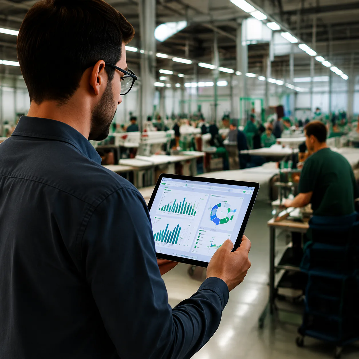 Profissional da indústria analisando dados de performance em tablet dentro de uma fábrica de confecção