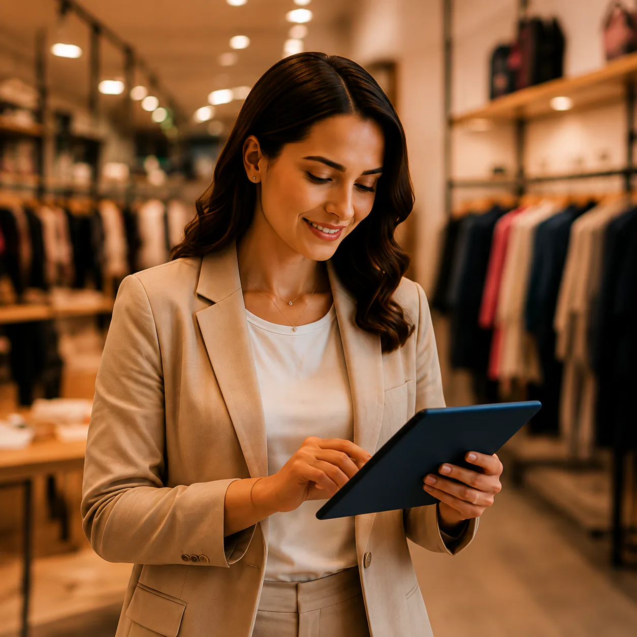 Lojista sorrindo enquanto utiliza um tablet dentro de sua loja multimarca