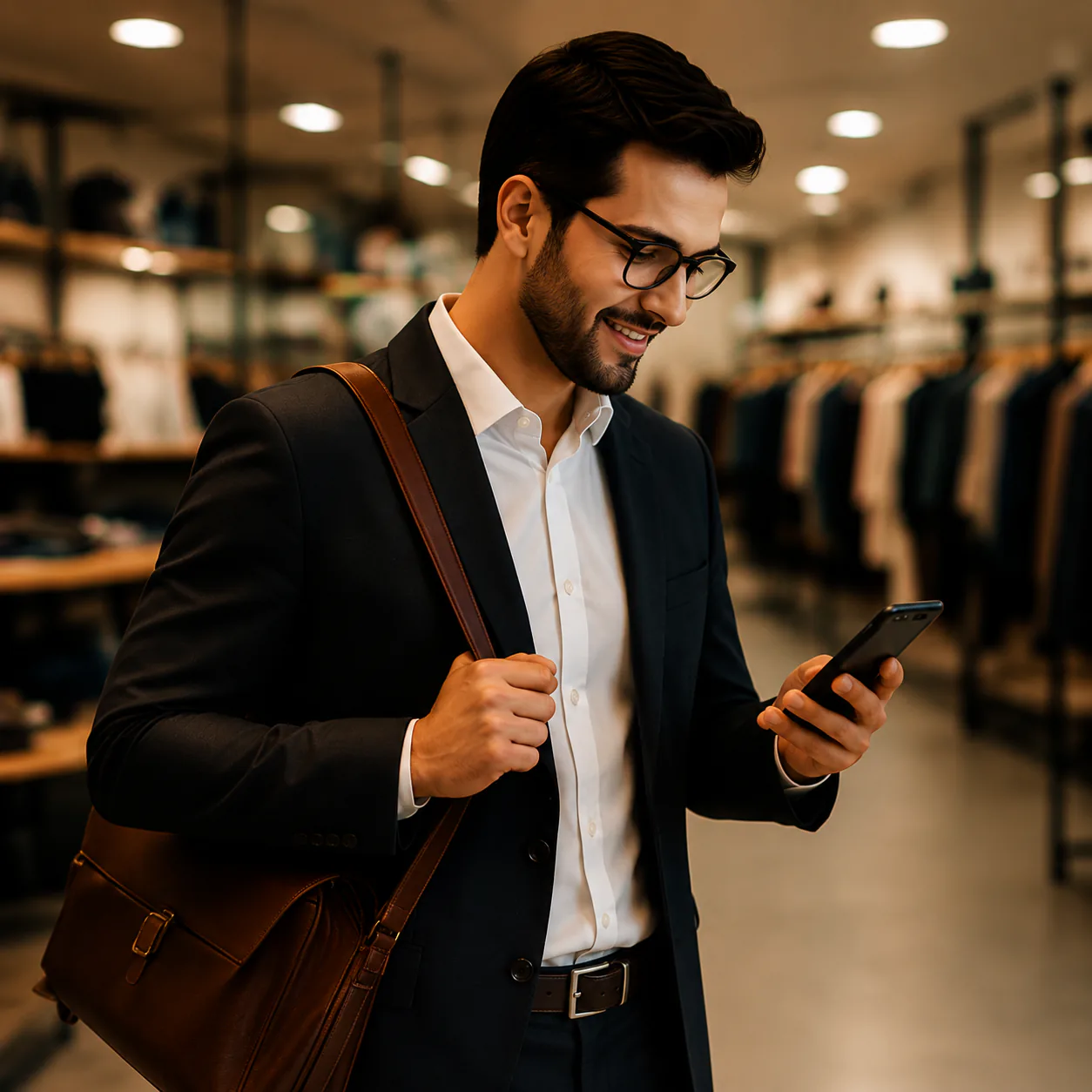 Representante comercial sorrindo enquanto olha o celular, carregando bolsa a tiracolo dentro de uma loja
