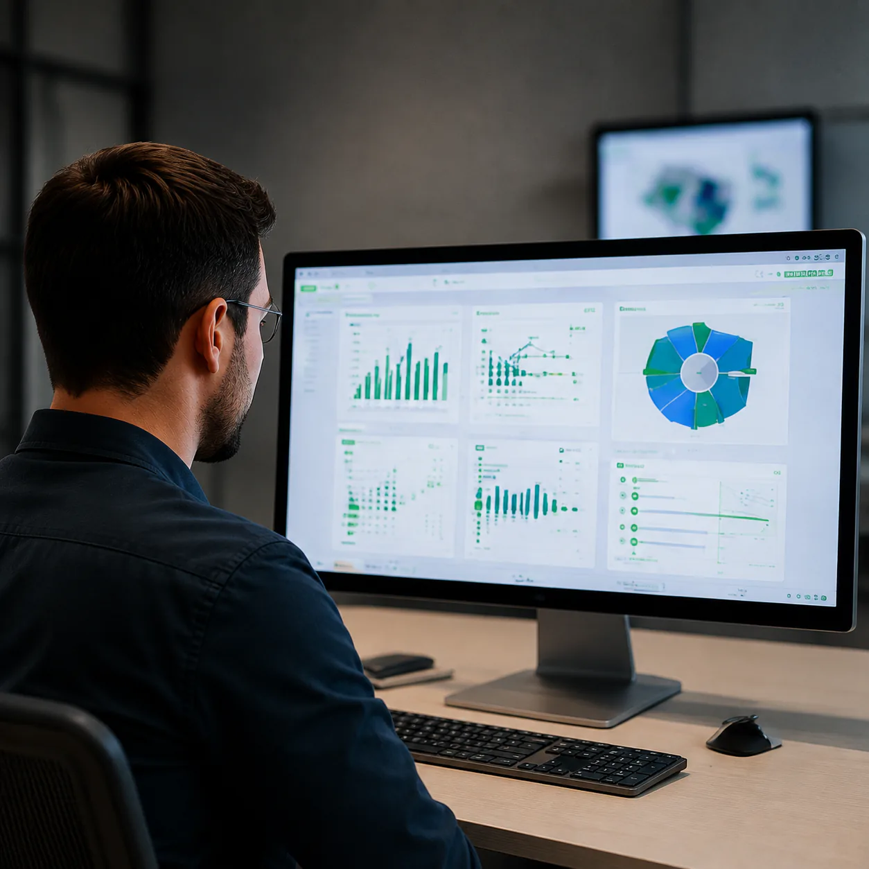 Profissional de tecnologia analisando dashboards com gráficos em dois monitores em um escritório