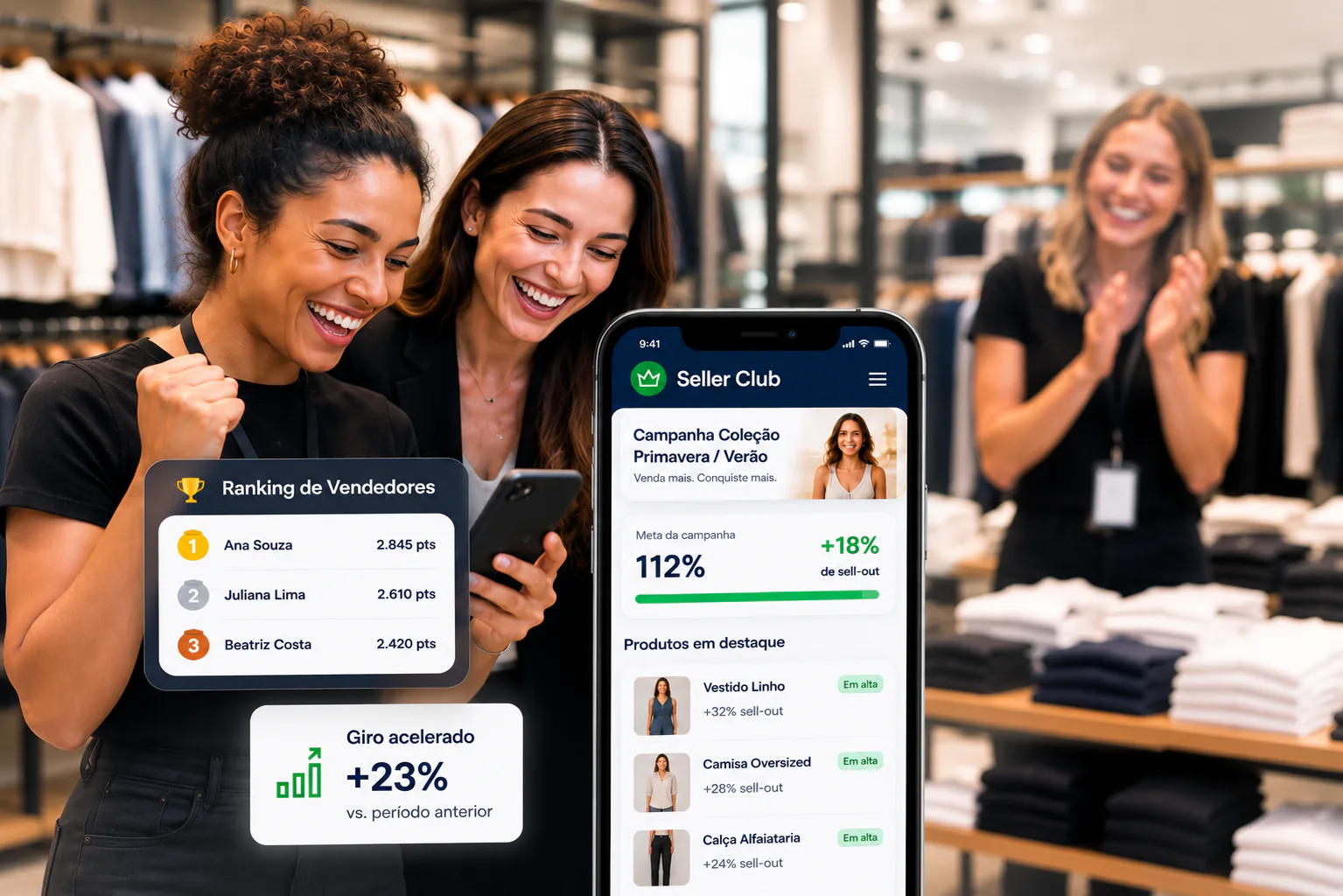 Vendedoras comemorando ranking e giro acelerado no app Seller Club