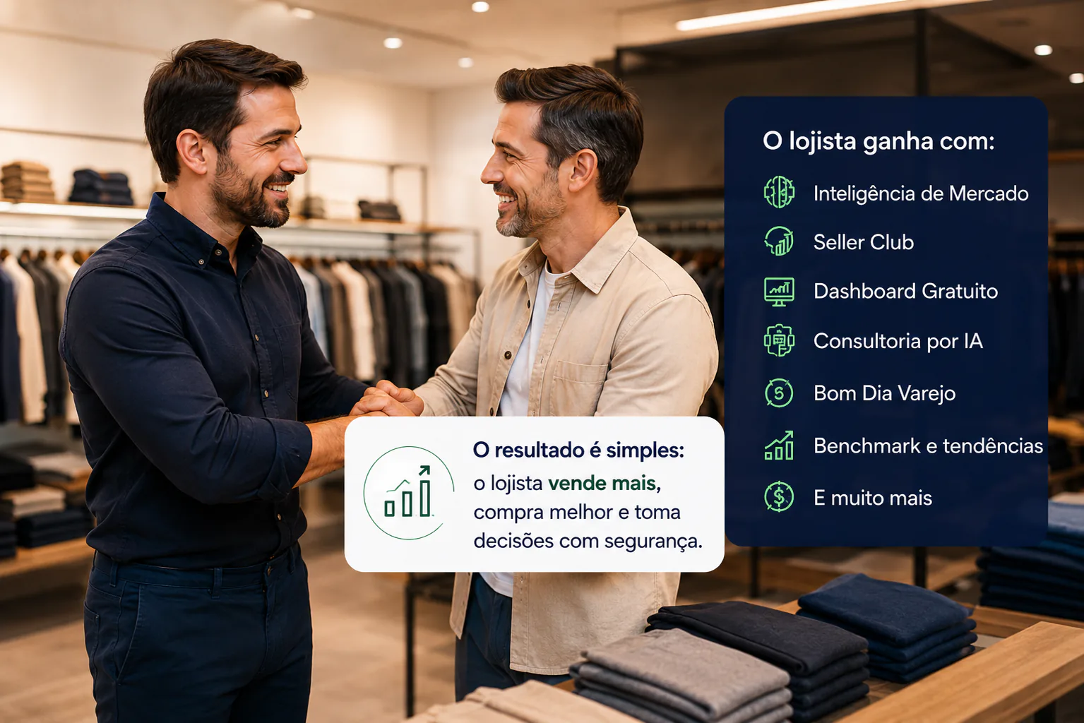 Representante e lojista: o lojista ganha com inteligência de mercado, Seller Club, dashboard gratuito, consultoria por IA e mais. O resultado é simples: o lojista vende mais, compra melhor e toma decisões com segurança.