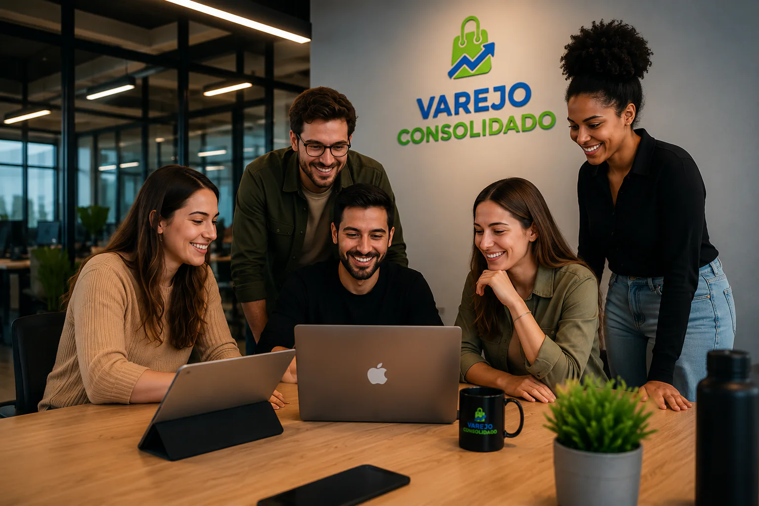 Time da Varejo Consolidado colaborando em torno de um notebook no escritório