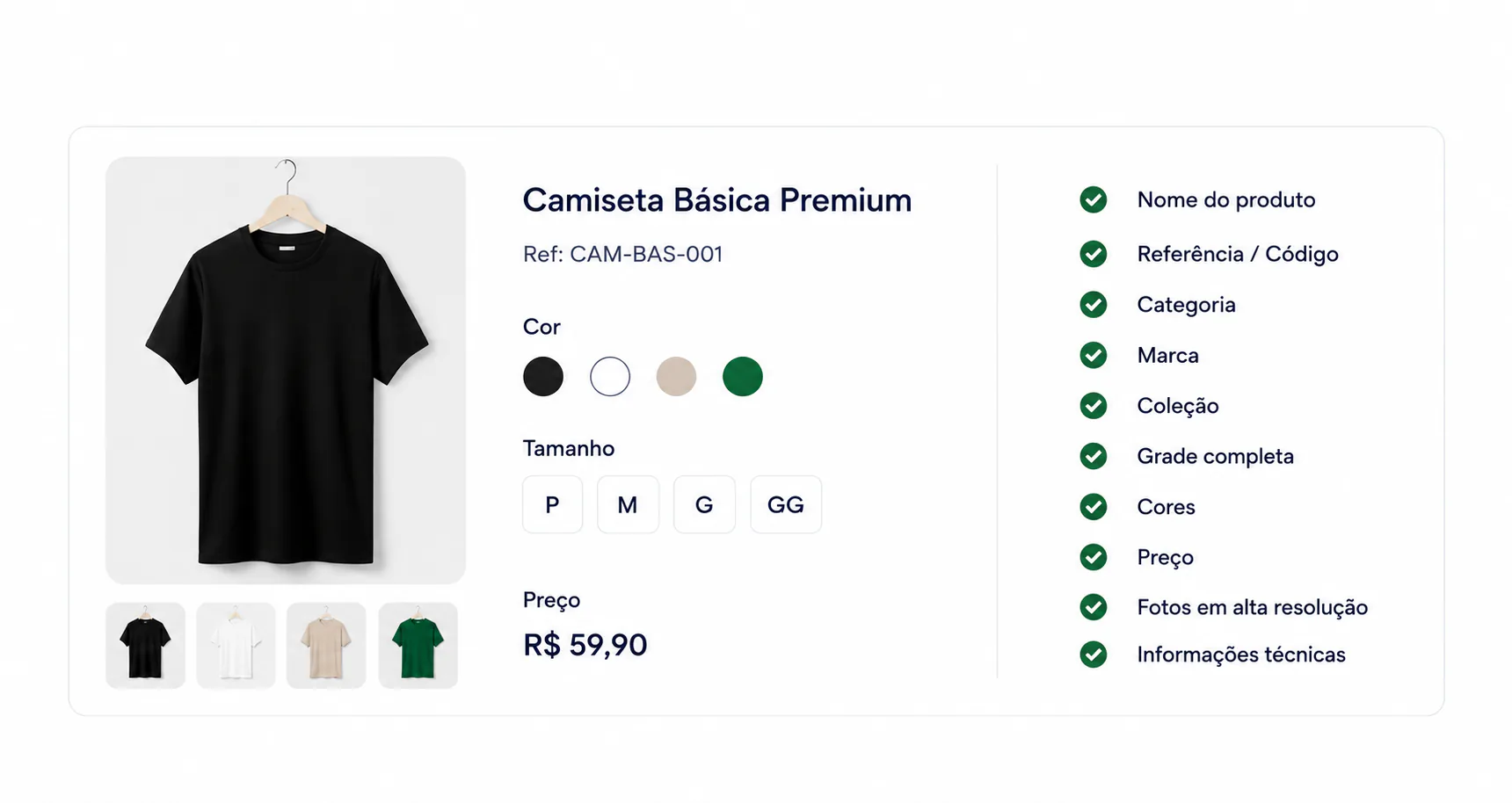 Ficha do produto Camiseta Básica Premium cadastrada automaticamente com foto, cores, tamanhos, preço e checklist completo